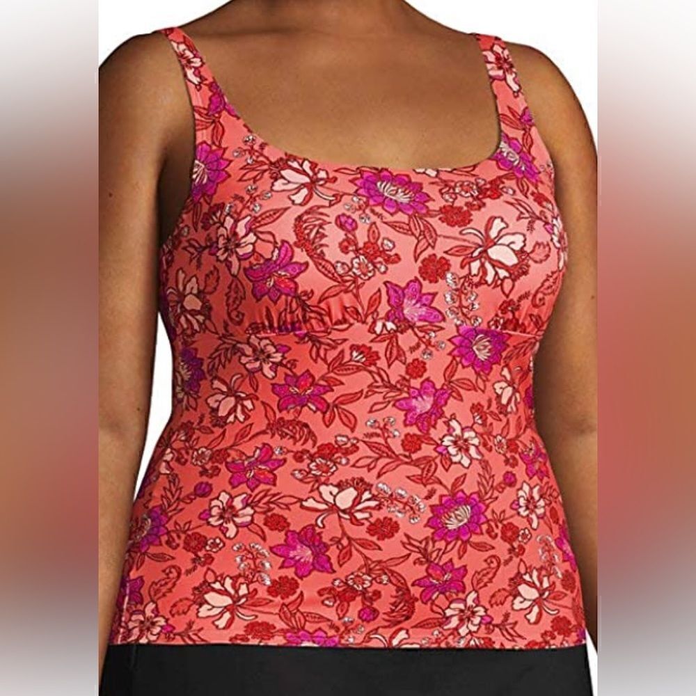 Land’s End Square neck tankini top underwire bra adjustable fresh melon lotus 12 - Picture 5 of 5